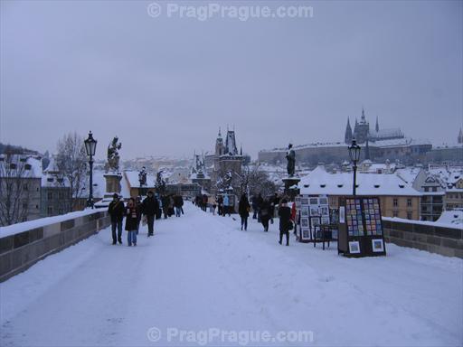 Charles Bridge with Stands in Winter