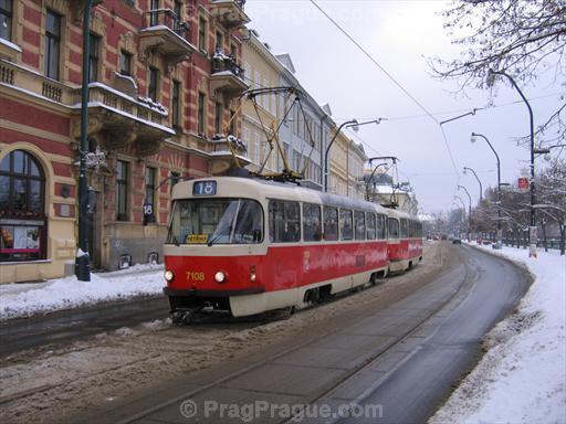 Prague Tram at Smetanovo Nabrezi in Winter