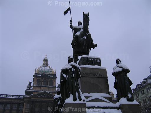 St. Wenceslas Monument with Snow and National Museum